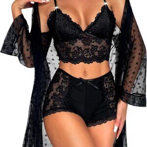 Women Sexy Lingerie Set - 3 Piece Lace Bra and Panty Sets with Mesh Kimono Robe